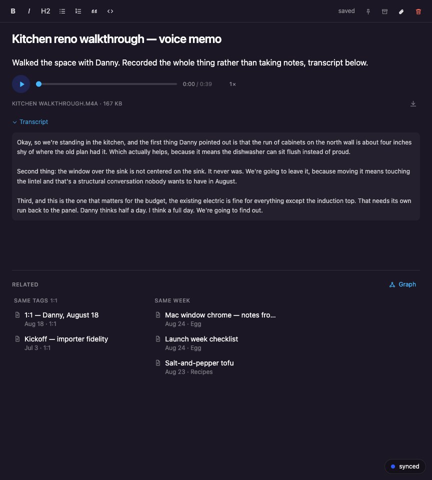 A voice memo in an Egg note: the inline player above its full searchable transcript
