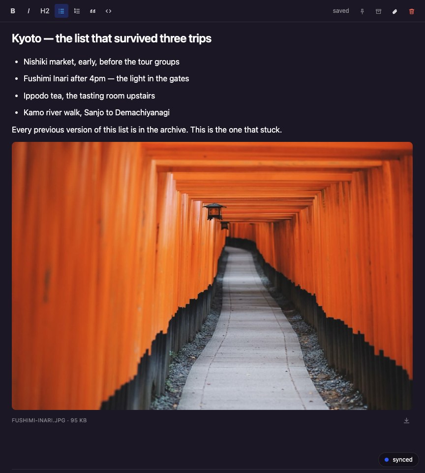 A photo of the Fushimi Inari torii gates embedded at full width in a Kyoto travel note