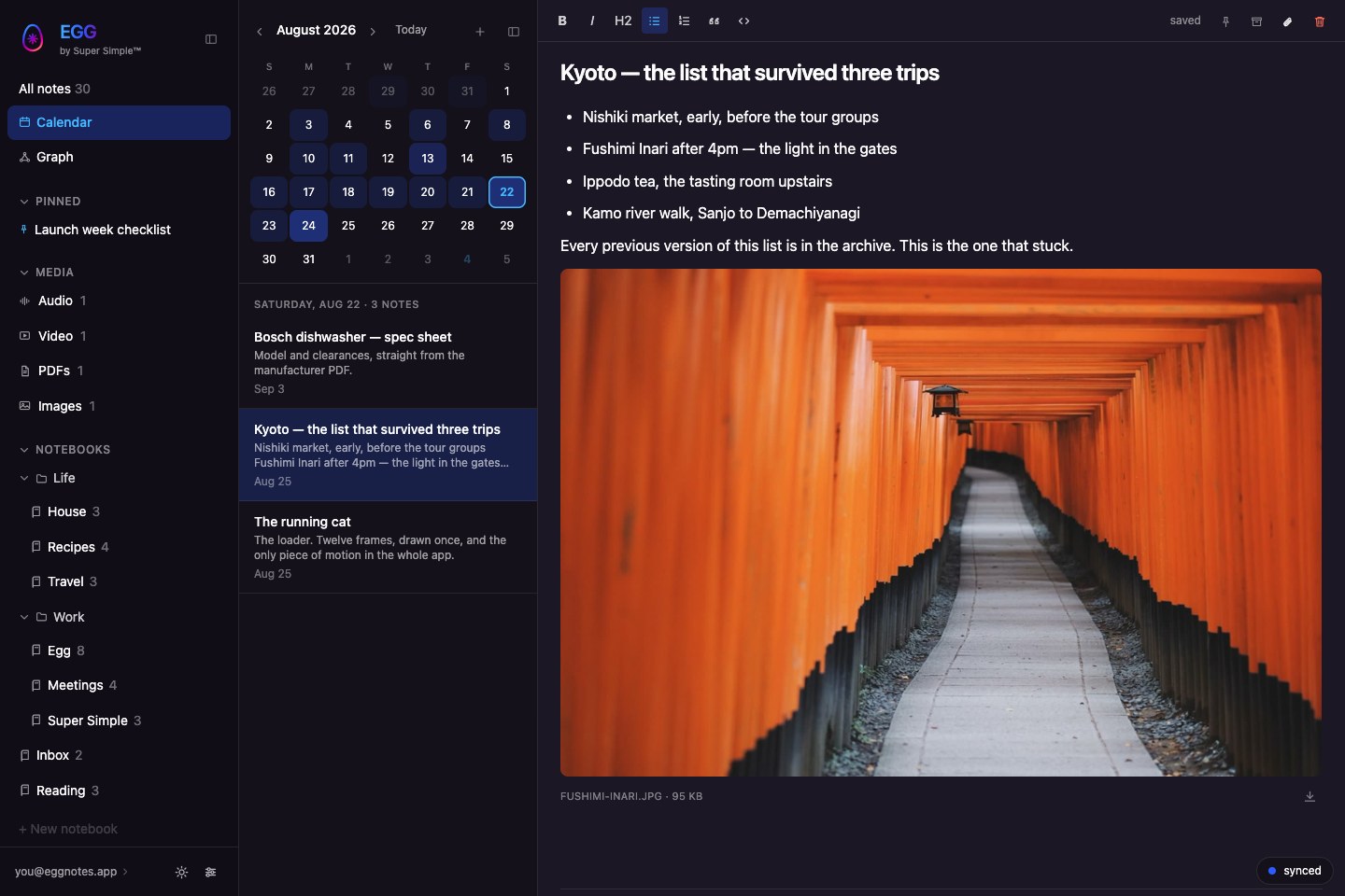 Egg's calendar shows August 2026 with shaded days, the notes created on August 22, including a Kyoto travel note