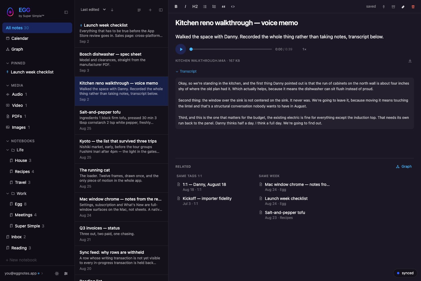 The Egg app: notebooks, tags and media shelves in the sidebar, Calendar and Graph views, a note list, and an open voice memo with its transcript