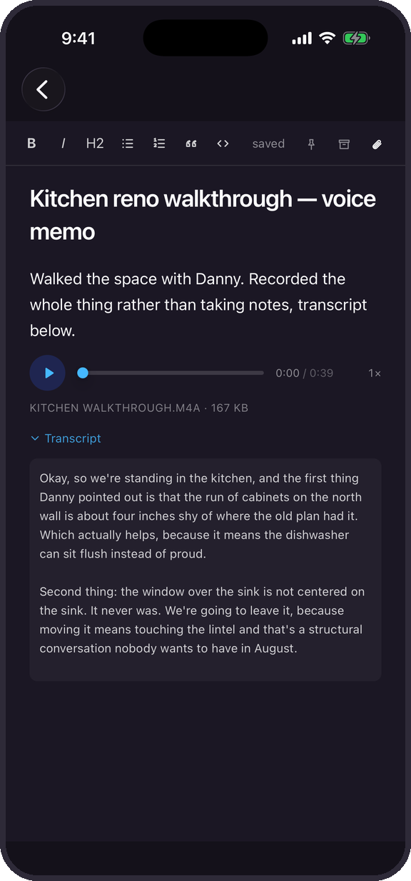 The same voice memo open in Egg's iPhone app