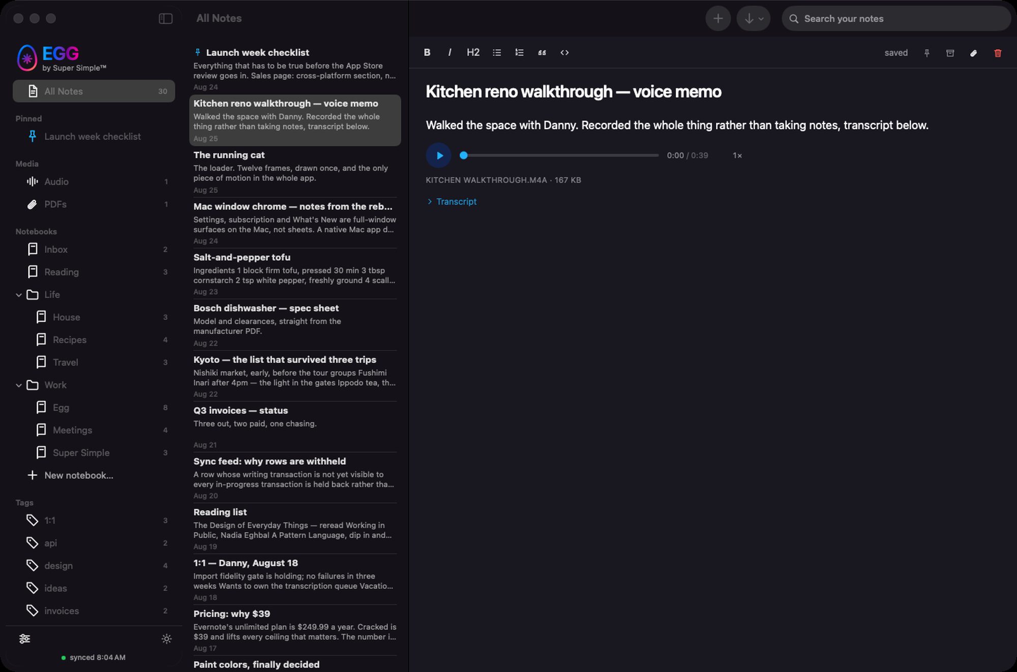 Egg's native Mac app: sidebar, note list, and an open voice memo